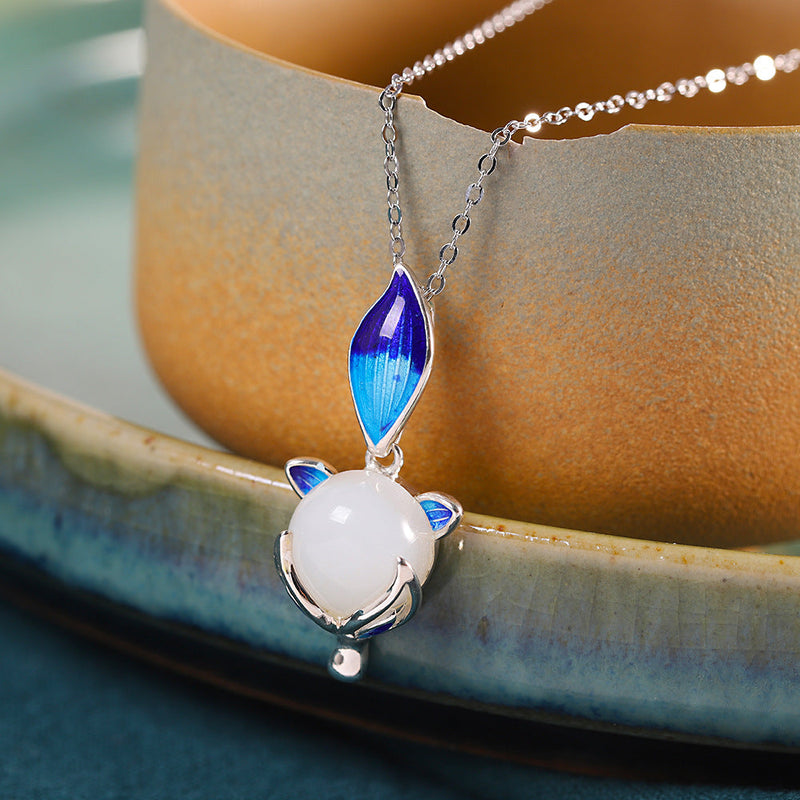 Blue Enamel Fox Jade Pendant for Her