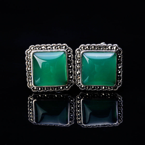 Green Agate Square 925 Silver Earrings for Women