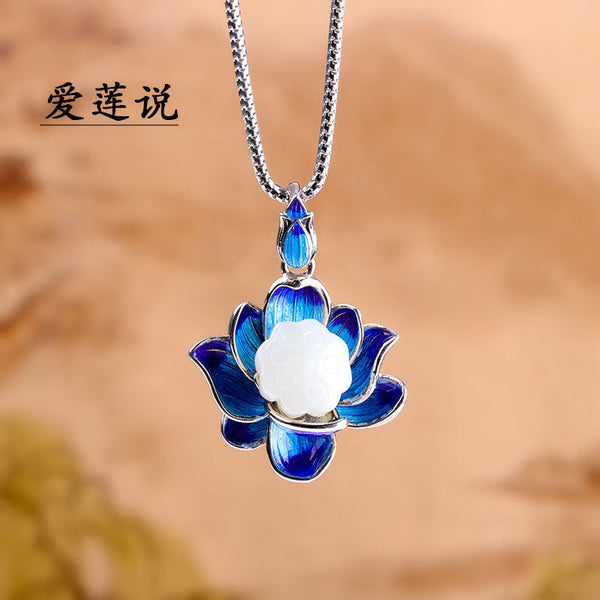 Elegant Blue Lotus Sterling Silver Pendant Necklace