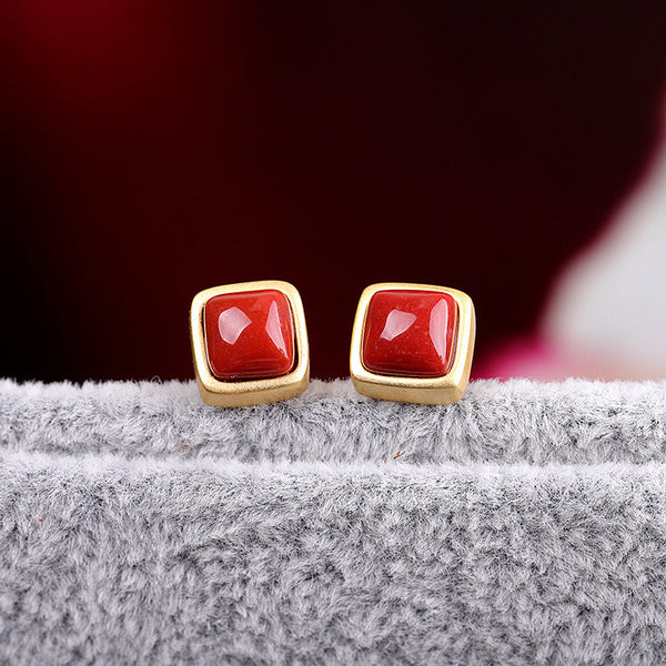 Vintage Red Coral Square Stud Earrings for Women