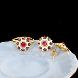 Golden Floral Earrings with Ruby and Enamel Inlay