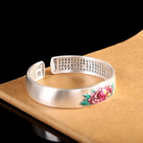 Handcrafted Silver Bracelet with Enamel Peony Design