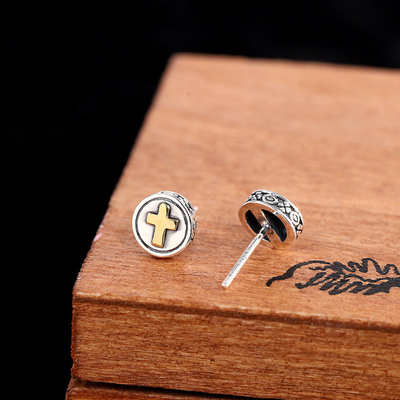 Golden Cross Emblem 925 Silver Stud Earrings