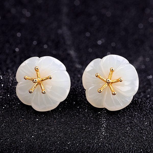 Jade Flower Gold Studs - Elegant Women's Earrings