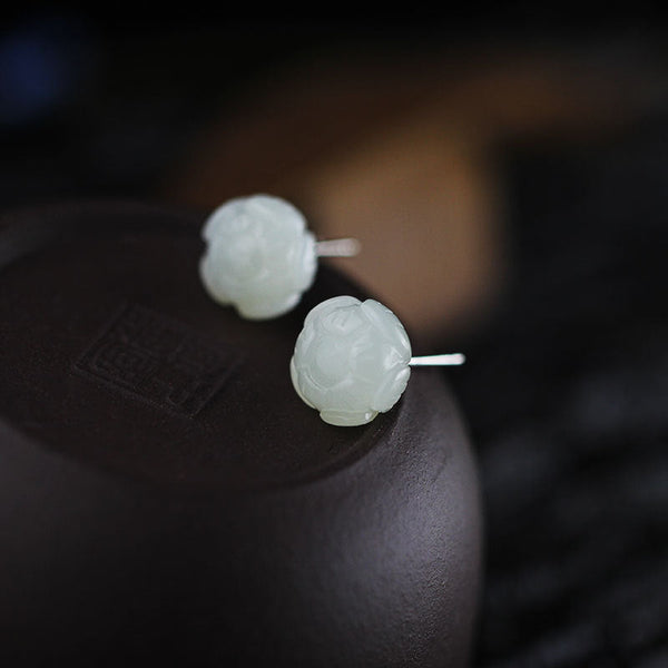 White Jade Lotus Stud Earrings - S925 Silver