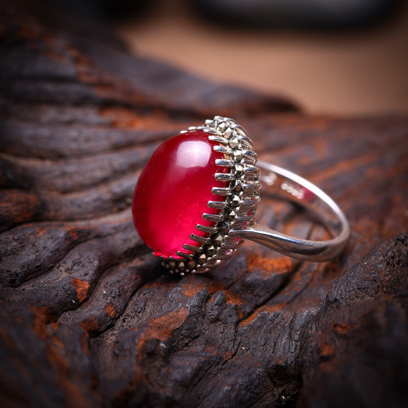 Red Jade Elegance: S925 Silver Ring for Women