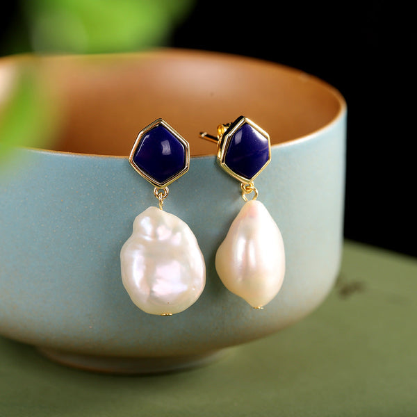 Baroque Pearl & Lapis Lazuli Drop Earrings - Elegant Women's Jewelry