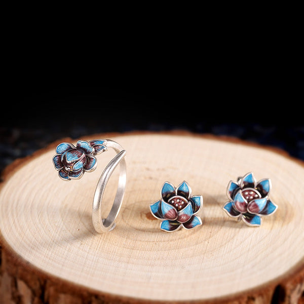 Artisan Blue Lotus Sterling Silver Jewelry Set