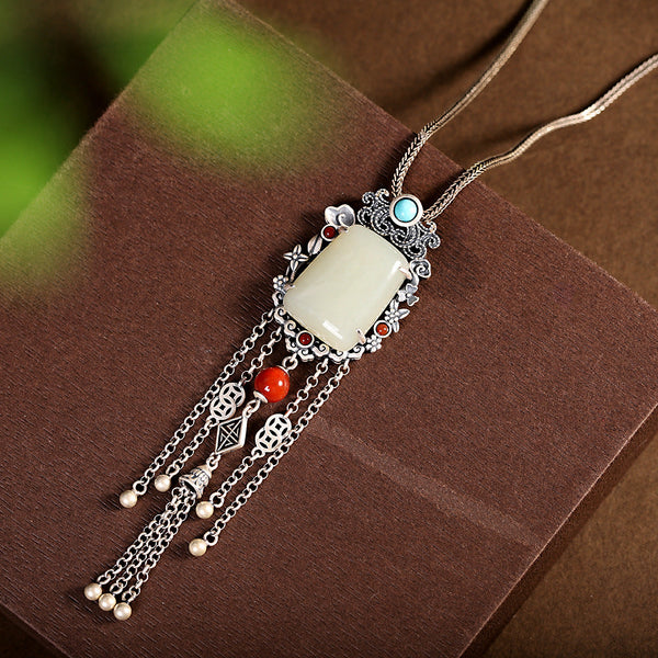 Artisan Silver Pendant with Jade and Turquoise,