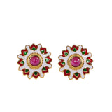 Golden Floral Earrings with Ruby and Enamel Inlay