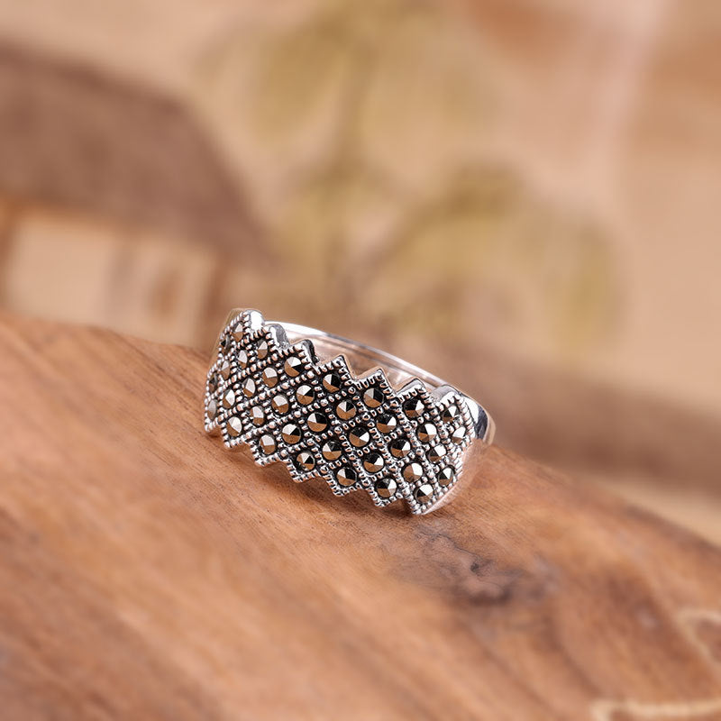 Vintage-Inspired S925 Silver Marcasite Geometric Ring