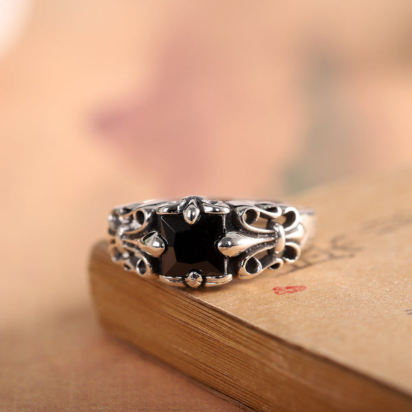 Sterling Silver Fleur-de-Lis Black Gem Ring