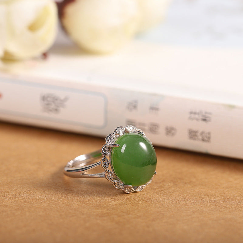 Elegant 925 Silver Jade Ring with Gem Halo