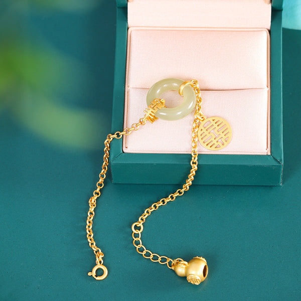 Gold Jade Circle Necklace with Double Happiness Charm