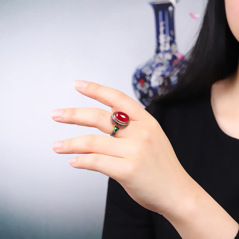 Vintage-Inspired Red Jade Adjustable Ring for Women