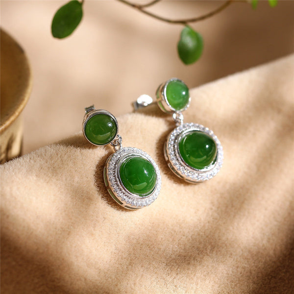 Jade and Diamond Sterling Silver Earrings - Elegant