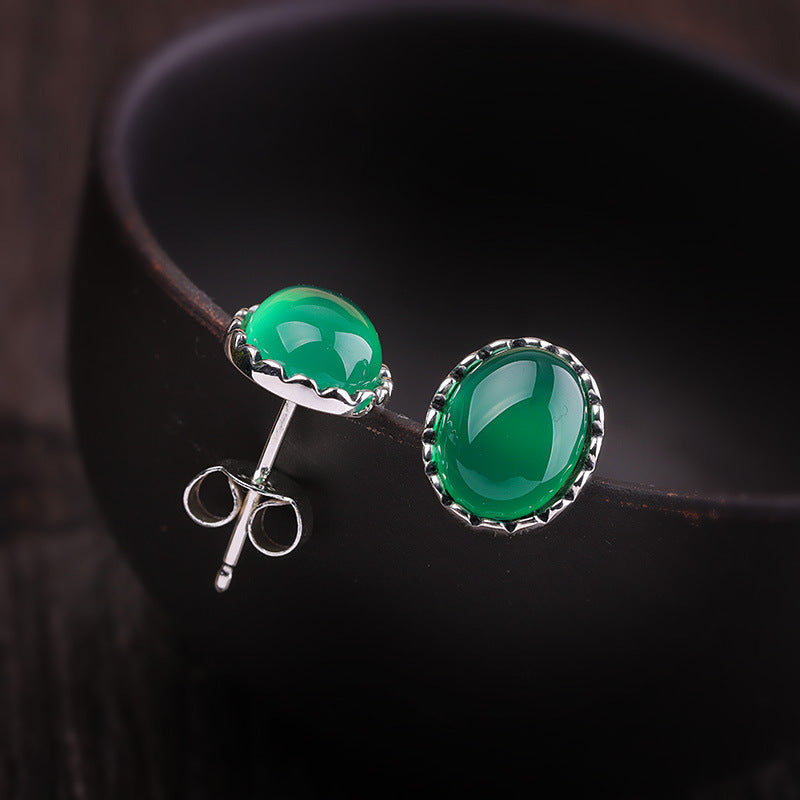 Sterling Silver Green Jade Studs - Elegant Women's Accessory