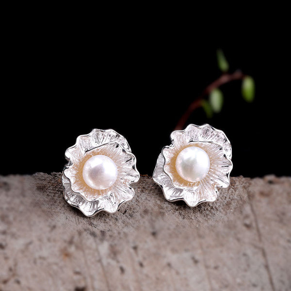 Sterling Silver Floral Pearl Earrings for Elegance