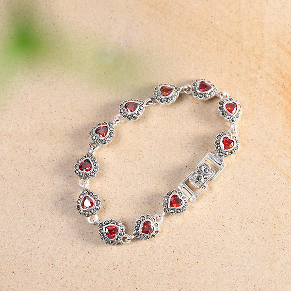 Vintage Garnet Heart Silver Bracelet, Timeless Elegance