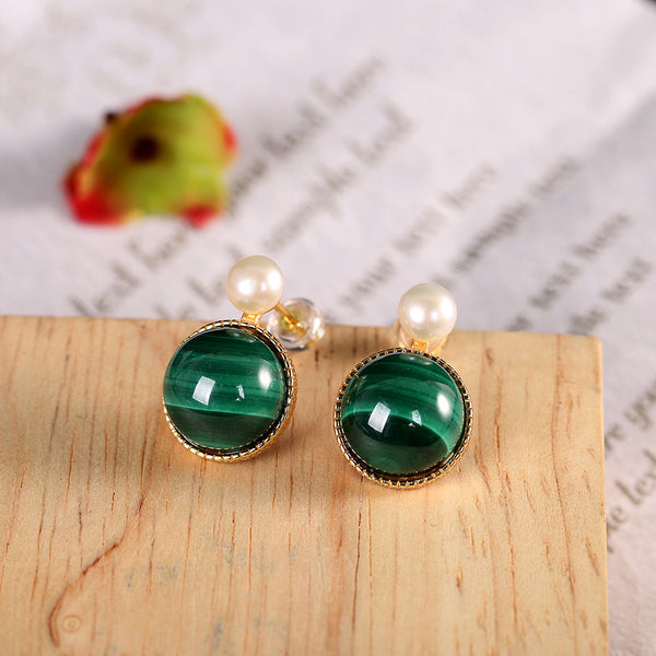 Gold-Plated Malachite Pearl Earrings for Women