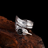 Sterling Silver Feather Ring with Onyx for Men