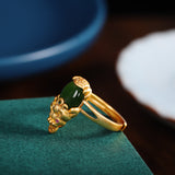 Gold-Plated Jade Ring with Ruby Accents for Women