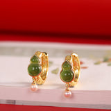 Gold Jade Gourd Earrings with Pearl Charm