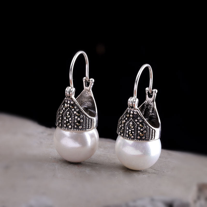 Vintage Silver Pearl Drop Earrings - Classic Elegance