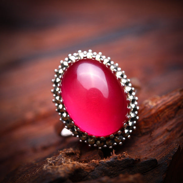 Red Jade Elegance: S925 Silver Ring for Women