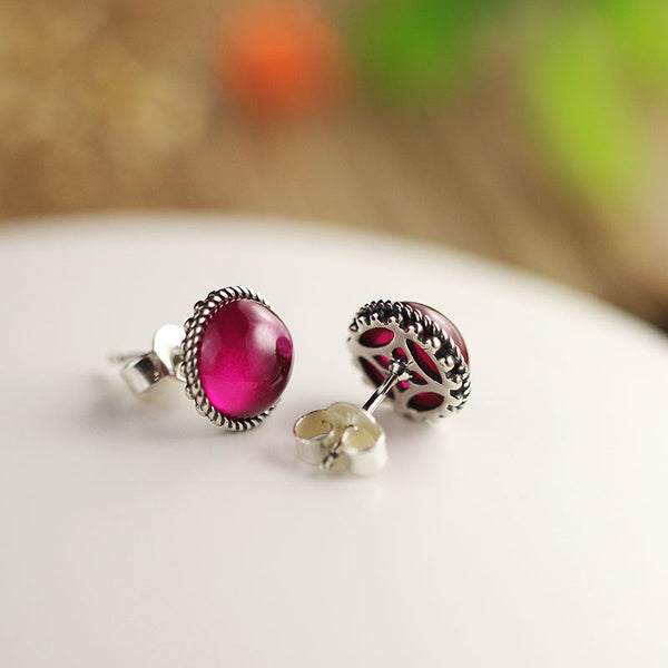 Elegant Ruby Cabochon Earrings, Sterling Silver - ED010278
