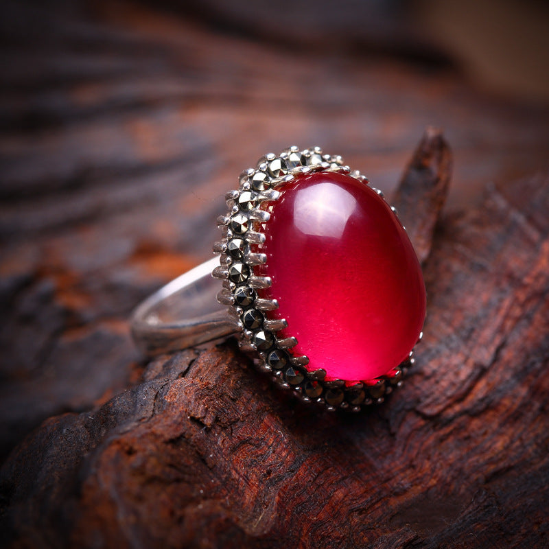 Red Jade Elegance: S925 Silver Ring for Women