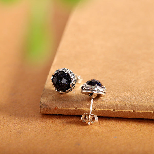 Vintage Blue Sandstone 925 Silver Stud Earrings