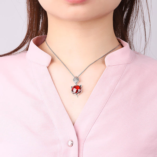 Elegant S925 Silver Fox Pendant - Red Gem