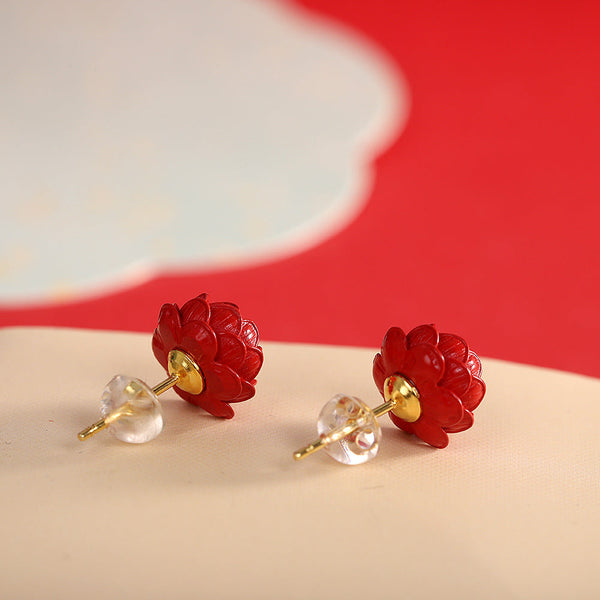 Red Carved Floral Stud Earrings for Women