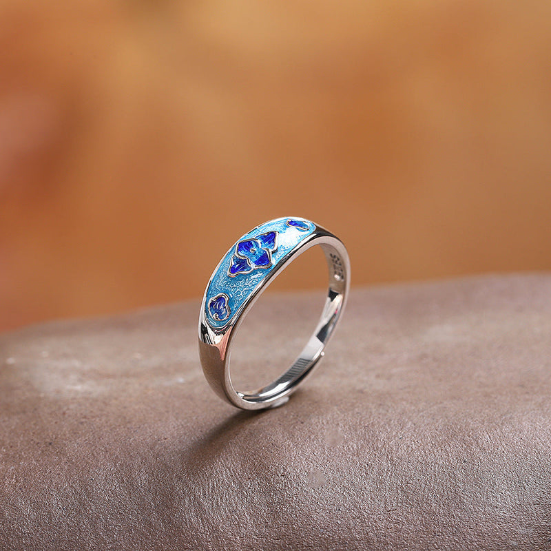 Blue Enamel S925 Sterling Silver Floral Ring