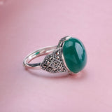 Vintage Green Agate Silver Ring for Women