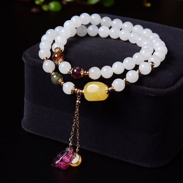 White Jade and Amber Beaded Bracelet for Women