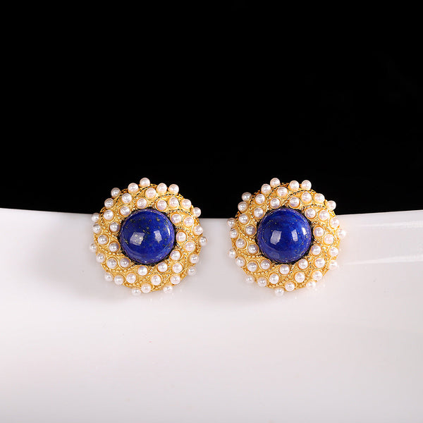 Lapis Lazuli Pearl Gold Stud Earrings,