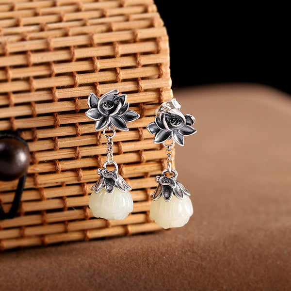 Sterling Silver Lotus Earrings with Jade Drops