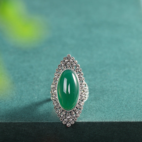 Vintage Green Jade and Silver Halo Ring