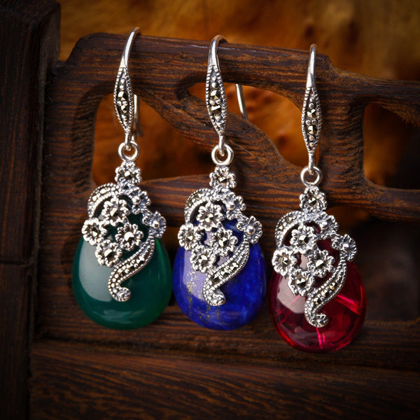 Vintage 925 Silver Floral Gemstone Earrings for Women