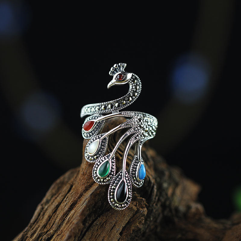 Peacock-Inspired Sterling Silver Ring with Gemstones
