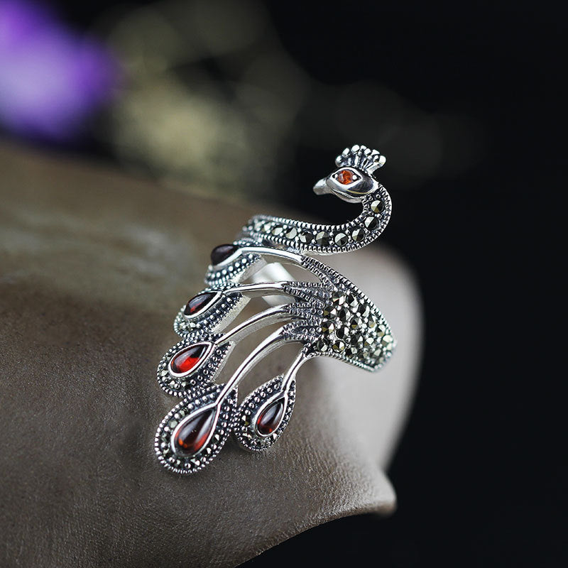 Elegant Silver Peacock Ring with Black Onyx for Women