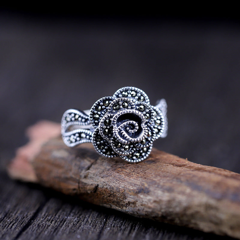 925 Silver Rose Marcasite Ring - Women's Elegant Gift