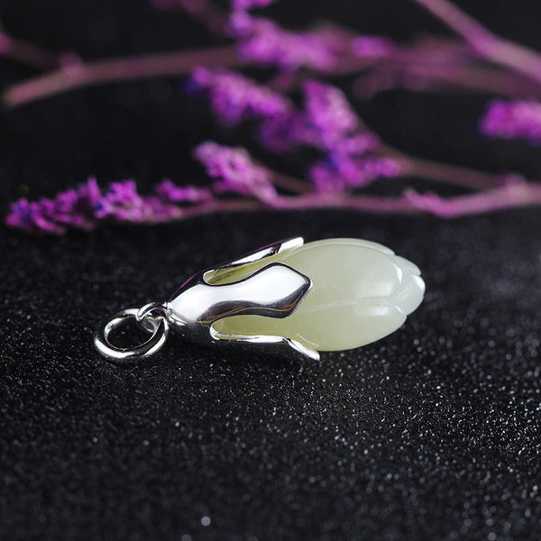 Elegant Jade and Silver Bloom Pendant - DZ1079