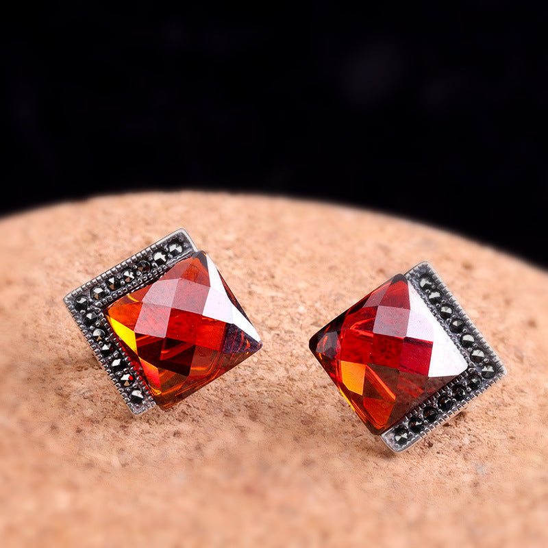 Ruby Quartz Vintage Square Stud Earrings for Women