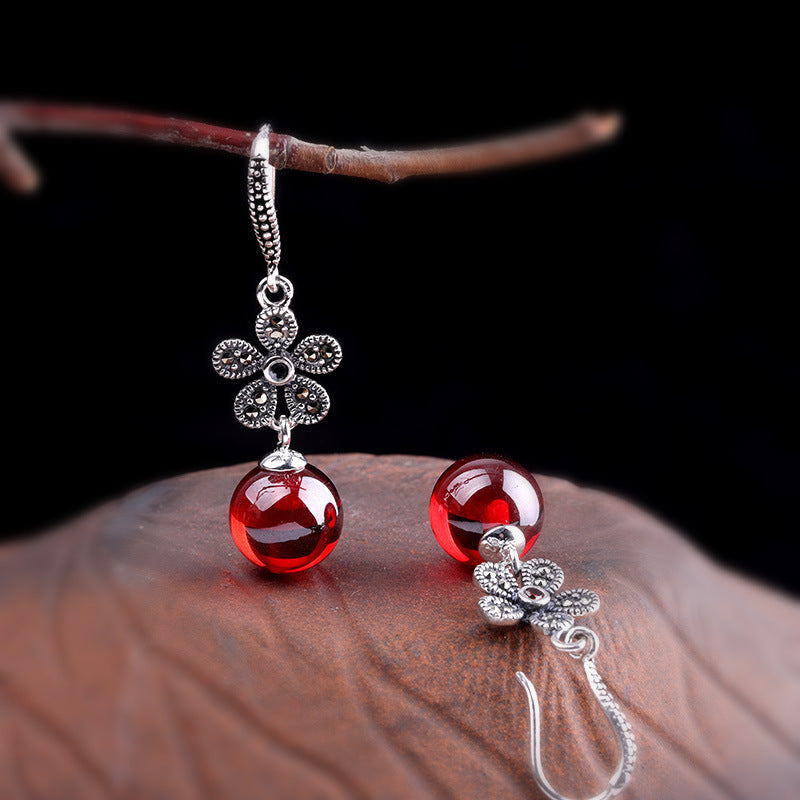 Ruby Red Crystal Vintage Floral Earrings - S925 Silver