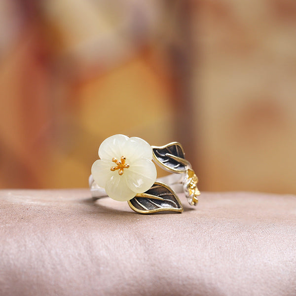 Elegant Jade Blossom Adjustable Silver Ring for Women