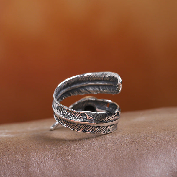 Sterling Silver Feather Ring with Onyx for Men