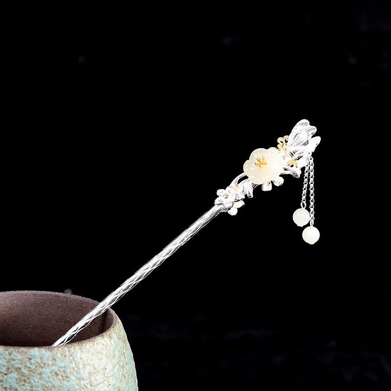 S925 Silver Jade Blossom Hairpin - Vintage Elegance